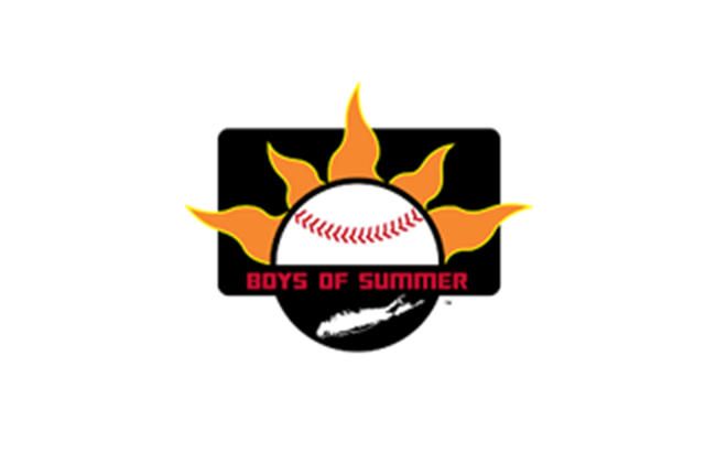 A logo features a baseball in the center with yellow and orange flame-like shapes radiating around it. Below the baseball, bold red text reads 