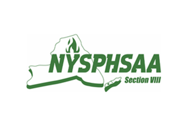 Green logo of NYSPHSAA Section VIII featuring an outline of the state of New York and Long Island. The bold, uppercase NYSPHSAA text has a flame image above 