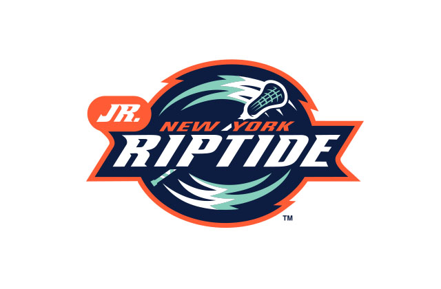 Logo of the New York Riptide Jr. with stylized text in orange and white, highlighting their valued partnerships. The design features a lacrosse stick and dynamic wave graphics, set against a dark circular background.