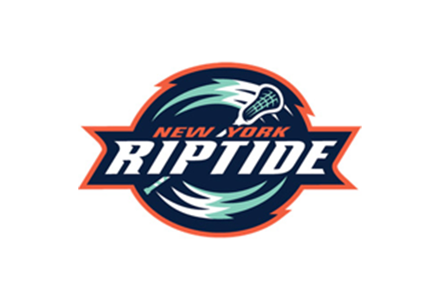Logo of the New York Riptide, an indoor lacrosse team. The design, reflecting key partnerships, includes the team name in bold white letters with blue and orange accents, a stylized wave, and a lacrosse stick graphic above the text.