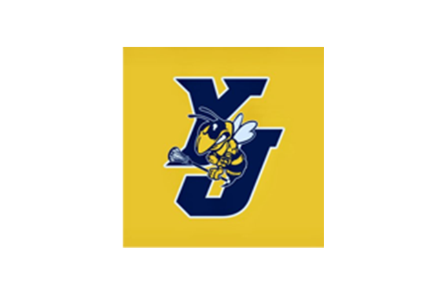 A logo featuring a yellow jacket wasp holding a lacrosse stick overlaid on blue letters 