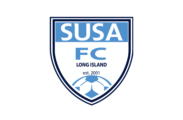 Logo of SUSA FC Long Island, showcasing a shield design featuring bold blue 