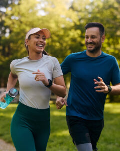A woman and a man jogging together outdoors on a sunny day, both smiling. The woman holds a water bottle and wears a cap, while the man wears a blue shirt. Lush green trees are in the background.