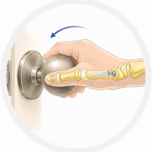 A hand grasping and turning a round door knob to the left, with the bones of the hand and forearm visible as an anatomical illustration.