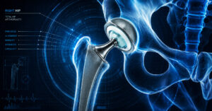 Digital illustration of a hip joint with a metallic hip prosthesis implant, showing its alignment within the pelvis. Overlay text lists precision, alignment, mobility, strength, and longevity as important factors.