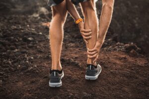 A person wearing running shoes and a smartwatch stands on rocky ground, holding their lower leg in apparent pain, possibly due to a cramp or injury.